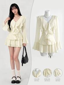 Elamini 2pcs/Set Apricot Winter Commuter Daily Waist Cinched Ruffle V-Neck Bell Sleeve Cute Casual Women Long Sleeve Mini Dress Set - Apricot - View 3