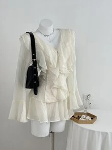 Elamini 2pcs/Set Apricot Winter Commuter Daily Waist Cinched Ruffle V-Neck Bell Sleeve Cute Casual Women Long Sleeve Mini Dress Set - Apricot - View 7