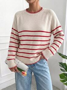 SHEIN PariChic 女款秋冬新款紅白配色拼接條紋寬鬆套頭毛衣,溫柔百搭,適合日常與校園穿著 - 卡其色 - 查看 6