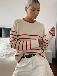 SHEIN PariChic 女款秋冬新款紅白配色拼接條紋寬鬆套頭毛衣,溫柔百搭,適合日常與校園穿著 - 卡其色 - 查看 7