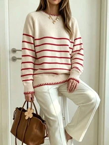 SHEIN PariChic 女款秋冬新款紅白配色拼接條紋寬鬆套頭毛衣,溫柔百搭,適合日常與校園穿著 - 卡其色 - 查看 9