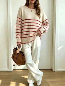 SHEIN PariChic 女款秋冬新款紅白配色拼接條紋寬鬆套頭毛衣,溫柔百搭,適合日常與校園穿著 - 卡其色 - 查看 2