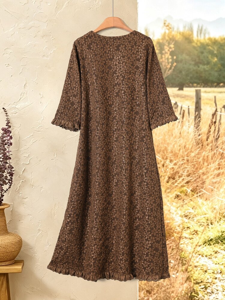 Rusticease Elegant Granny Casual Jacquard Round Neck Short Sleeve Dress For Middle-Aged And Elderly Women Thanksgiving Going Out Party Formal Brown Autumn - Chocolate Brown - View 6