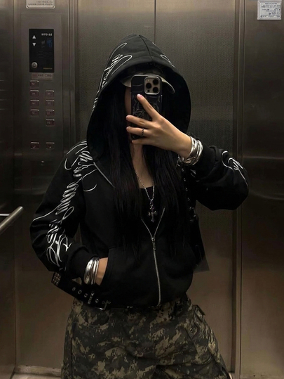 EgrlEra Women's Autumn/Winter Black Faux Foil Print Decoration Y2K Punk Rock Oversized Streetwear Suitable For Halloween Night Black Long Sleeve Hooded