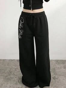 SHEIN Teen Girl Teen Girls Loose Straight Leg Black Letter Print Long Pants Casual Style - Black - View 8