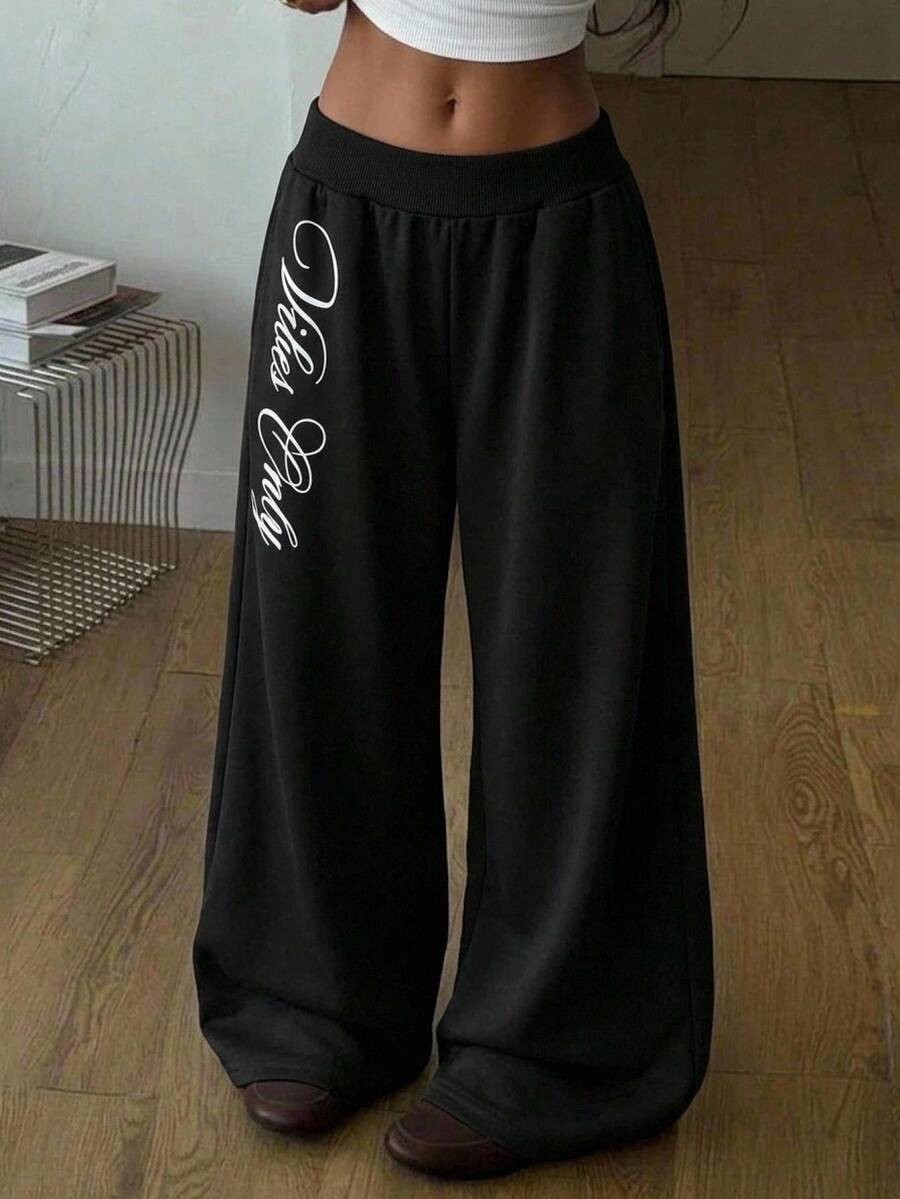 SHEIN Teen Girl Teen Girls Loose Straight Leg Black Letter Print Long Pants Casual Style - Black - View 1