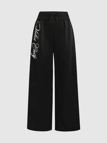 SHEIN Teen Girl Teen Girls Loose Straight Leg Black Letter Print Long Pants Casual Style - Black - View 2