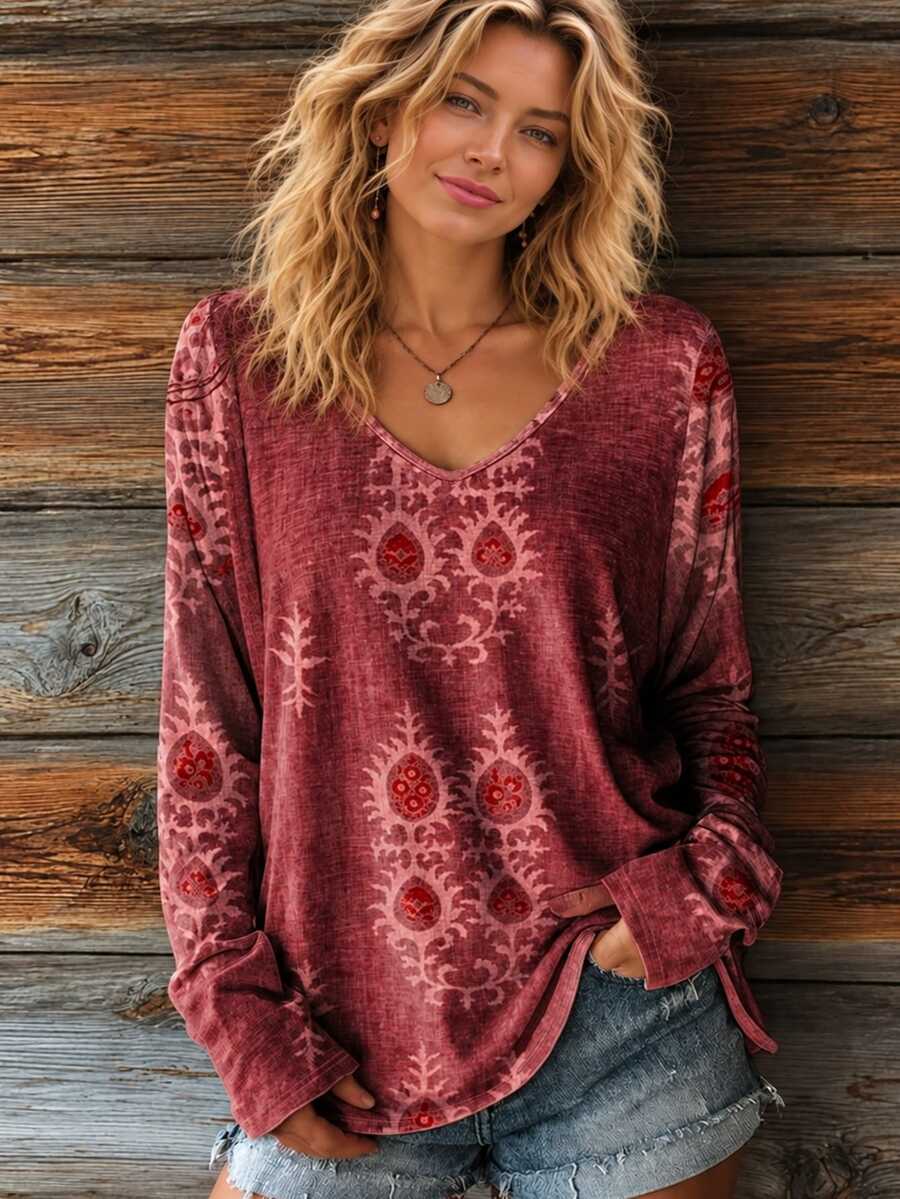 Selamara Sweatshirt Wanita Bergaya Vintage Rusak, Romantis, Bohemian dengan Motif Bunga, Cocok untuk Pemakaian Sehari-hari, Bepergian, Liburan, dan Santai. - MultiWarna - View 1