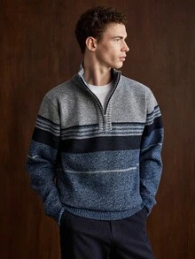Manfinity CasualKnits 男士復古拉鍊半開襟長袖條紋針織衫 - 藍色 - 查看 8