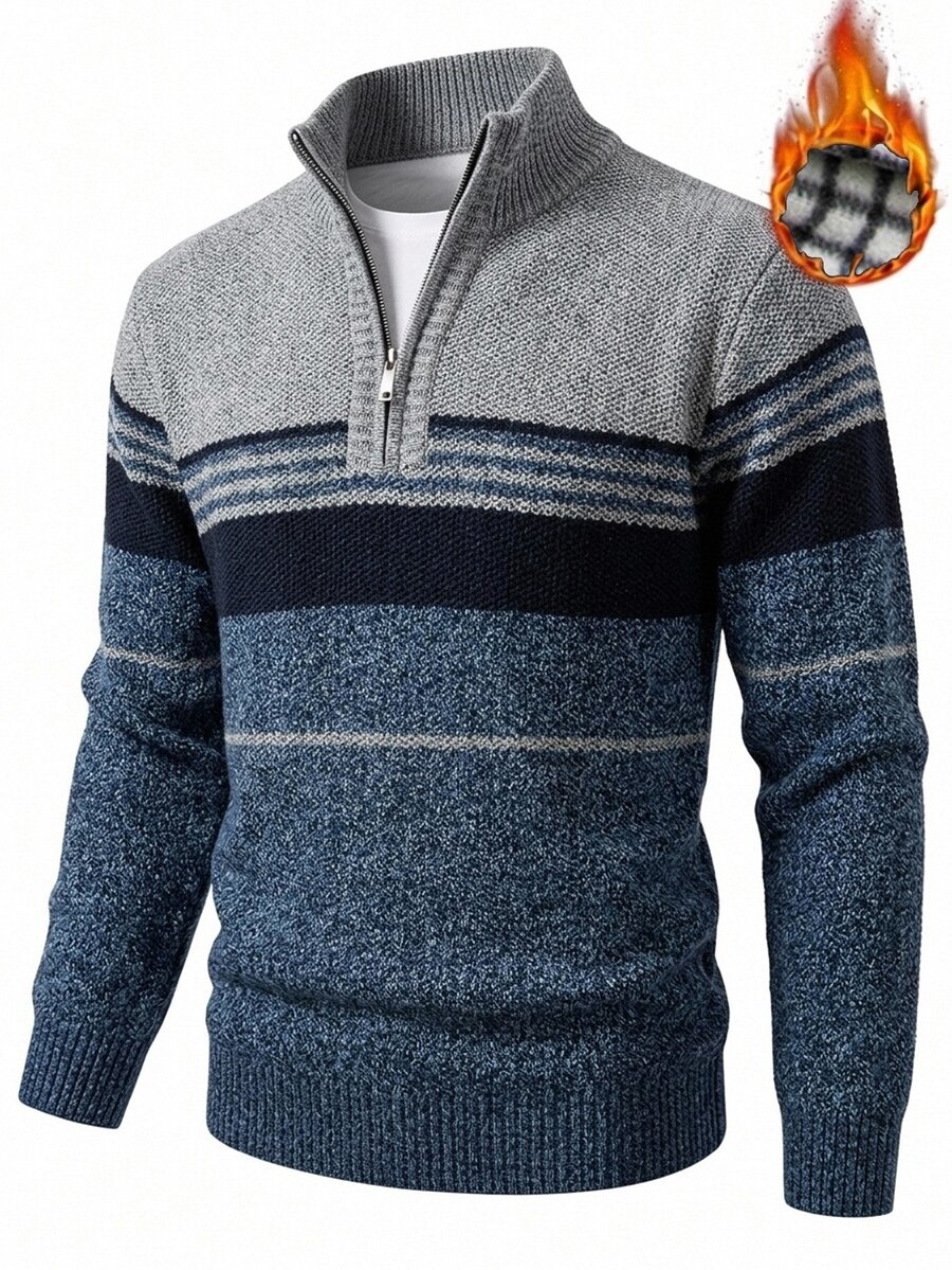Manfinity CasualKnits 男士復古拉鍊半開襟長袖條紋針織衫 - 藍色 - 查看 1