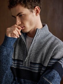 Manfinity CasualKnits 男士復古拉鍊半開襟長袖條紋針織衫 - 藍色 - 查看 4