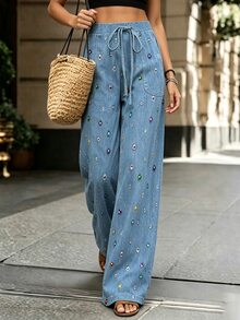 Breezaya 時尚高端彈性低腰印花休閒長褲，女款春夏寬腿褲，度假、外出、Y2K、春季、夏季、返校、休閒、海灘、商務、百搭，女款休閒杏色長褲，女款印花直筒褲 - 藍色 - 查看 6