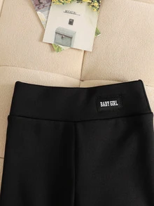SHEIN 女童秋冬加絨黑色舒適簡約修身收腰彈性內搭褲，萬聖節秋季風格聖誕冬季款 - 黑色 - 查看 4