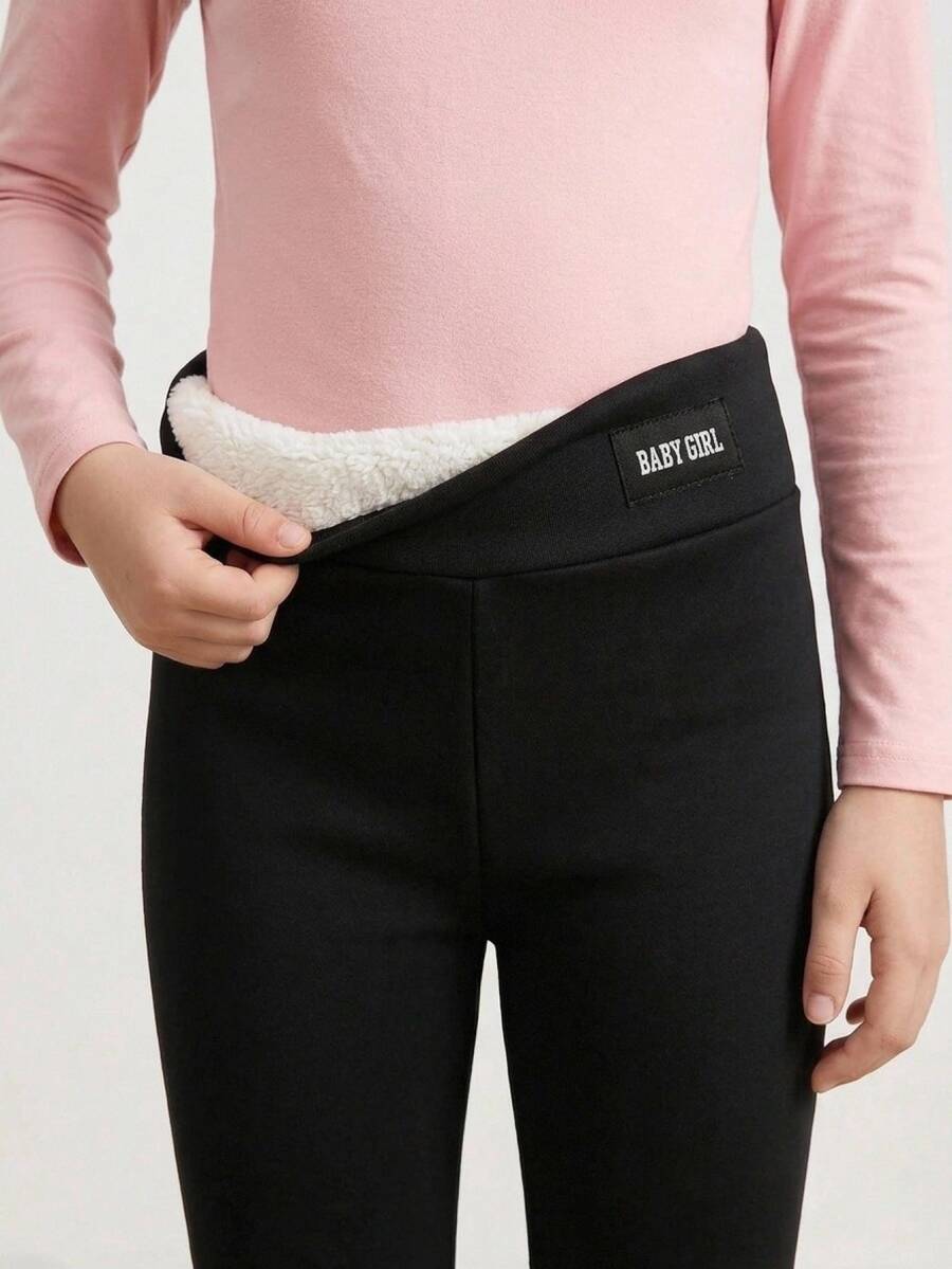 SHEIN 女童秋冬加絨黑色舒適簡約修身收腰彈性內搭褲,萬聖節秋季風格聖誕冬季款 - 黑色 - 查看 1
