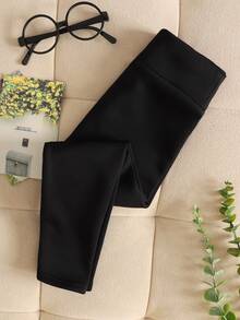 SHEIN 女童秋冬加絨黑色舒適簡約修身收腰彈性內搭褲，萬聖節秋季風格聖誕冬季款 - 黑色 - 查看 2