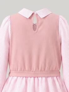 SHEIN Genkimix Kids 女童大童春秋休閒襯衫套裝，皇家藍布料拼接條紋 3D 紗線花朵裝飾假兩件設計，藍色喇叭長褲，2 件式穿搭，適合返校季，休閒時尚甜美可愛舒適，適合外出旅行度假穿著 - 粉色 - 查看 4