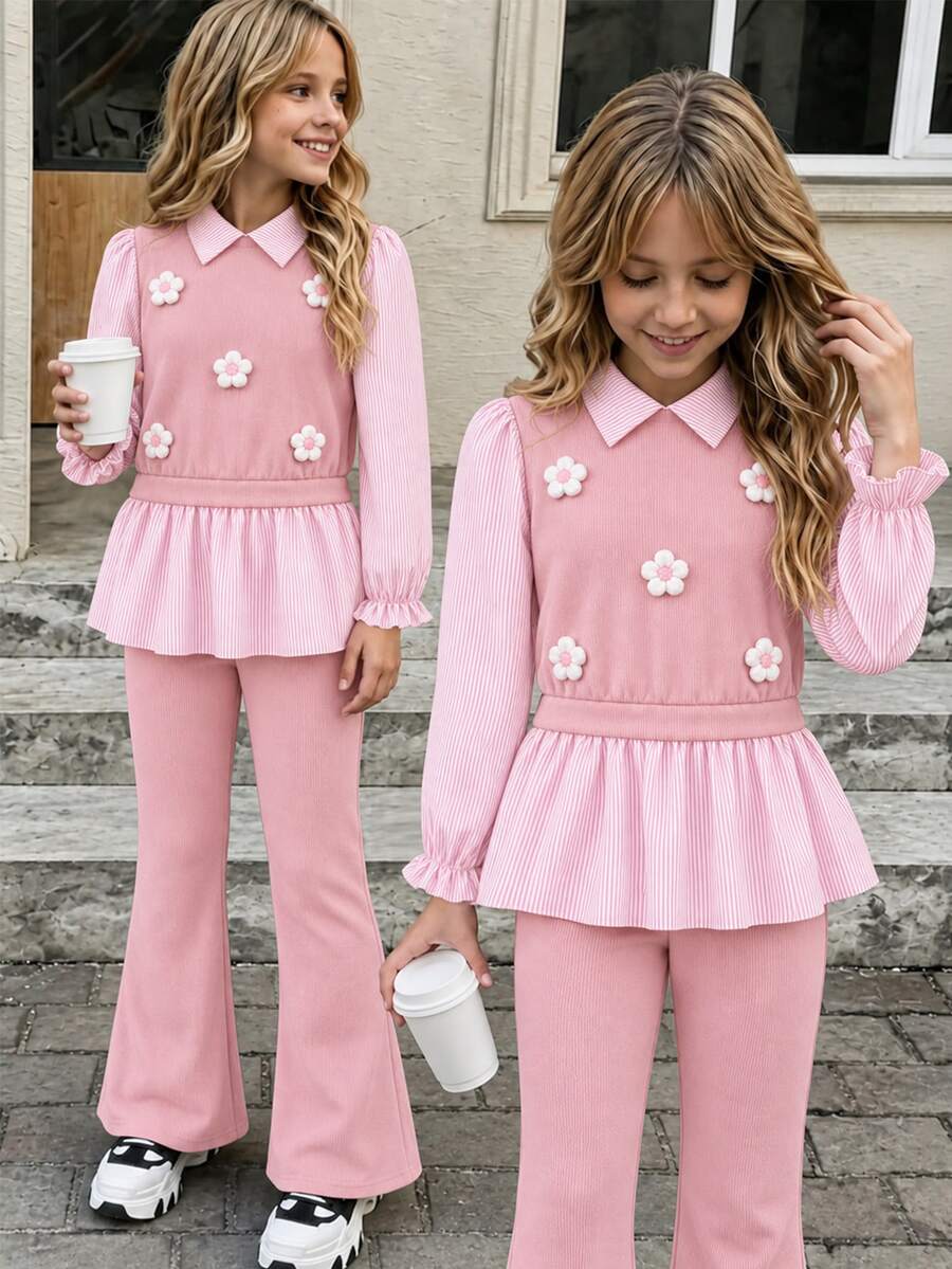 SHEIN Genkimix Kids 女童大童春秋休閒襯衫套裝,皇家藍布料拼接條紋 3D 紗線花朵裝飾假兩件設計,藍色喇叭長褲,2 件式穿搭,適合返校季,休閒時尚甜美可愛舒適,適合外出旅行度假穿著 - 粉色 - 查看 1