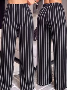 SHEIN Clasi Plus Size Women's Fashion Commuter Business Striped Print Straight Leg Wide Leg Pants Suitable For Spring Summer Autumn - Multicolor - View 1