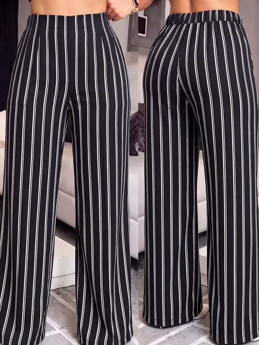 SHEIN Clasi Plus Size Women's Fashion Commuter Business Striped Print Straight Leg Wide Leg Pants Suitable For Spring Summer Autumn - Multicolor - View 1