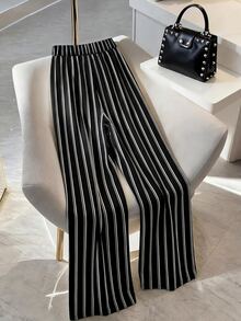 SHEIN Clasi Plus Size Women's Fashion Commuter Business Striped Print Straight Leg Wide Leg Pants Suitable For Spring Summer Autumn - Multicolor - View 2