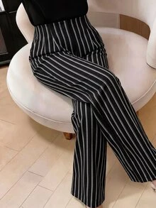 SHEIN Clasi Plus Size Women's Fashion Commuter Business Striped Print Straight Leg Wide Leg Pants Suitable For Spring Summer Autumn - Multicolor - View 8