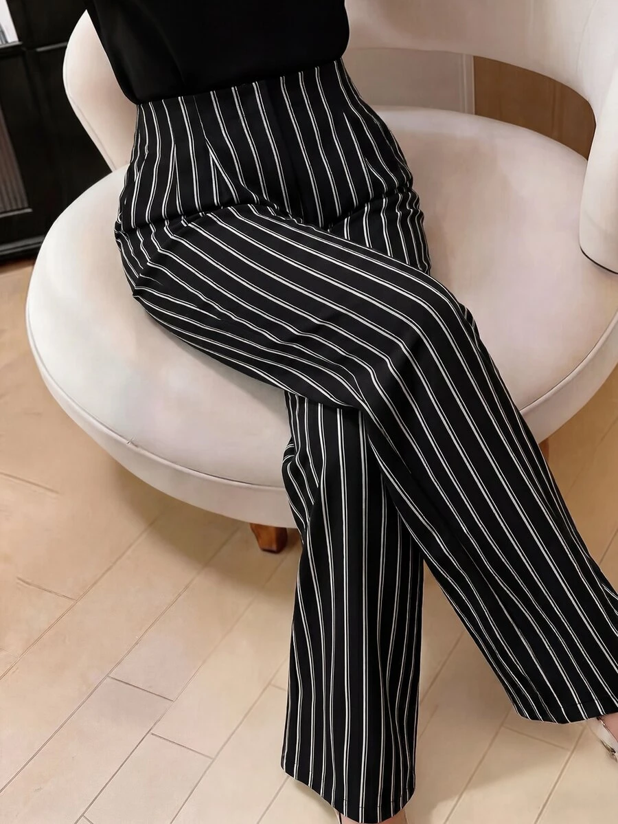 SHEIN Clasi Celana Panjang Wanita Ukuran Besar, Modis untuk Kerja/Komuter, Motif Garis-garis, Potongan Lurus dan Lebar, Cocok untuk Musim Semi, Musim Panas, dan Musim Gugur. - MultiWarna - View 1