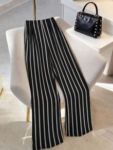 SHEIN Clasi Plus Size Women's Fashion Commuter Business Striped Print Straight Leg Wide Leg Pants Suitable For Spring Summer Autumn - Multicolor - View 6
