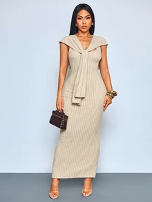 SOLERSUN Sexy Elegant Casual Autumn/Winter Design 2 In 1 Long Dress For Women - Apricot - View 4