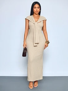 SOLERSUN Sexy Elegant Casual Autumn/Winter Design 2 In 1 Long Dress For Women - Apricot - View 8