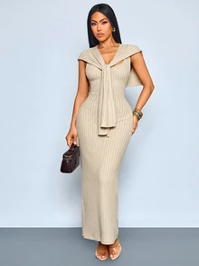 SOLERSUN Sexy Elegant Casual Autumn/Winter Design 2 In 1 Long Dress For Women - Apricot - View 9