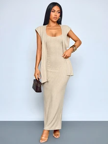 SOLERSUN Sexy Elegant Casual Autumn/Winter Design 2 In 1 Long Dress For Women - Apricot - View 7