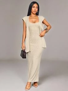 SOLERSUN Sexy Elegant Casual Autumn/Winter Design 2 In 1 Long Dress For Women - Apricot - View 5