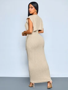 SOLERSUN Sexy Elegant Casual Autumn/Winter Design 2 In 1 Long Dress For Women - Apricot - View 3