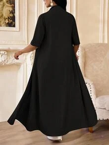 SHEIN Lady 女款優雅休閒教師節簡約純色長版開襟外套與寬鬆直筒長褲兩件套，夏季黑色辦公穿搭 - 黑色 - 查看 2