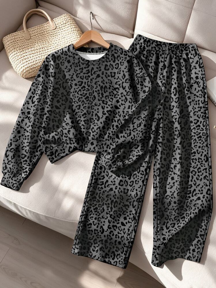 SHEIN 1 Set Leopard Print Sweatshirt Outfit, Suitable For Girls Aged 8-12 In Autumn/Winter, Comfortable Minimalist Fashion Casual Daily Style - Multicolor - View 5
