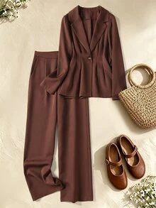 Rusticease Blus Kancing Depan Sederhana dan Celana Panjang Kasual Elegan untuk Wanita dengan Saku, Cocok untuk Musim Panas/Pakaian Kerja Kantor Wanita Warna Merah Tua - Chocolate Brown - View 1
