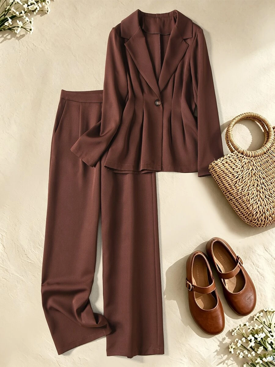 Rusticease Blus Kancing Depan Sederhana dan Celana Panjang Kasual Elegan untuk Wanita dengan Saku, Cocok untuk Musim Panas/Pakaian Kerja Kantor Wanita Warna Merah Tua - Chocolate Brown - View 1