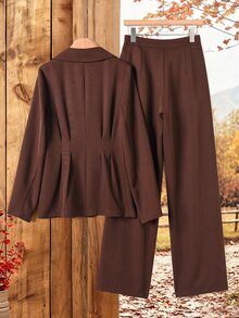Rusticease Blus Kancing Depan Sederhana dan Celana Panjang Kasual Elegan untuk Wanita dengan Saku, Cocok untuk Musim Panas/Pakaian Kerja Kantor Wanita Warna Merah Tua - Chocolate Brown - View 2