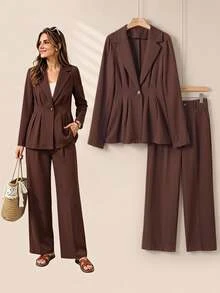 Rusticease Blus Kancing Depan Sederhana dan Celana Panjang Kasual Elegan untuk Wanita dengan Saku, Cocok untuk Musim Panas/Pakaian Kerja Kantor Wanita Warna Merah Tua - Chocolate Brown - View 3