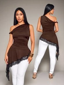 SOLERSUN Atasan Bodycon Wanita Warna Cokelat dengan Satu Bahu, Detail Kerut Asimetris, dan Hem Renda, Gaya Chic Y2K untuk Pesta Malam Hari - Coklat - View 2