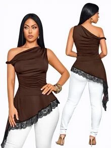 SOLERSUN Atasan Bodycon Wanita Warna Cokelat dengan Satu Bahu, Detail Kerut Asimetris, dan Hem Renda, Gaya Chic Y2K untuk Pesta Malam Hari - Coklat - View 5