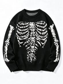 Manfinity CasualKnits Sweater Lengan Panjang Kasual Serbaguna untuk Pria dengan Kerah Bulat, Motif Tengkorak Goth, Cocok untuk Pemakaian Sehari-hari - Hitam - View 3
