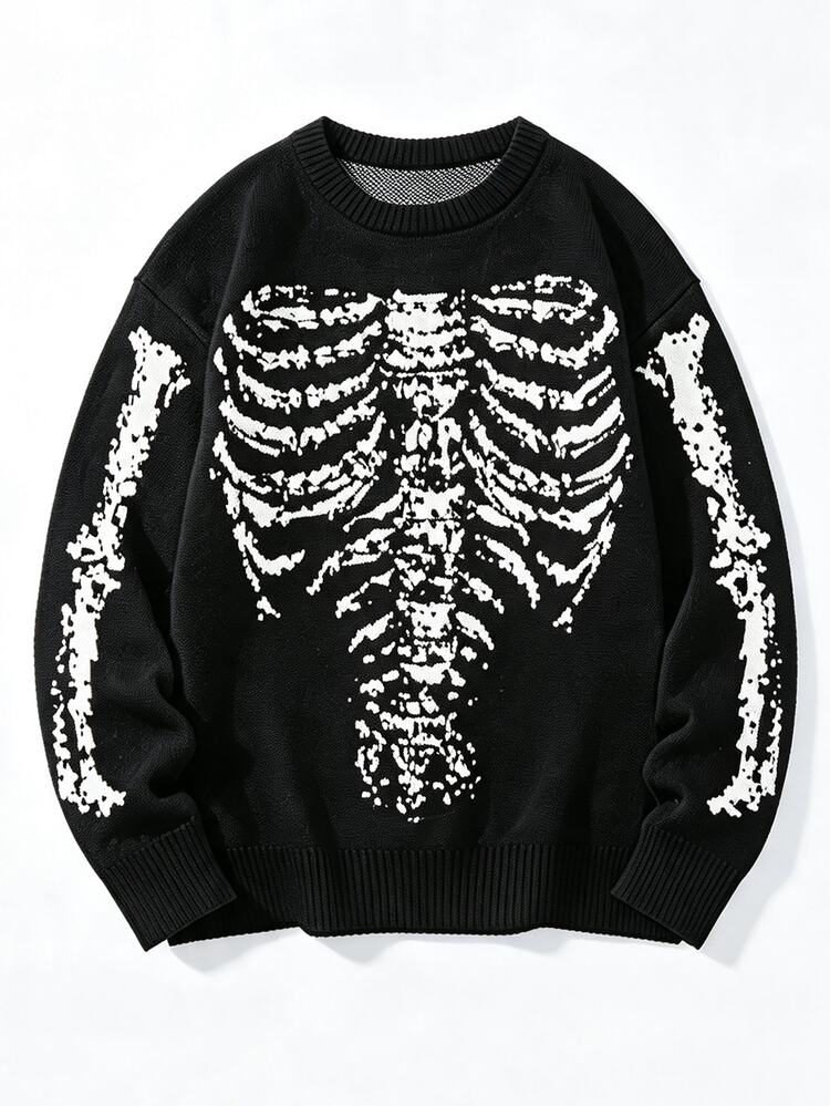 Manfinity CasualKnits Men's Crew Neck Casual Versatile Daily Wear Long Sleeve Sweater Goth Skull - Black - View 3