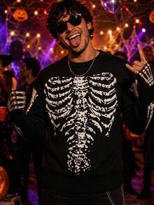 Manfinity CasualKnits Sweater Lengan Panjang Kasual Serbaguna untuk Pria dengan Kerah Bulat, Motif Tengkorak Goth, Cocok untuk Pemakaian Sehari-hari - Hitam - View 1