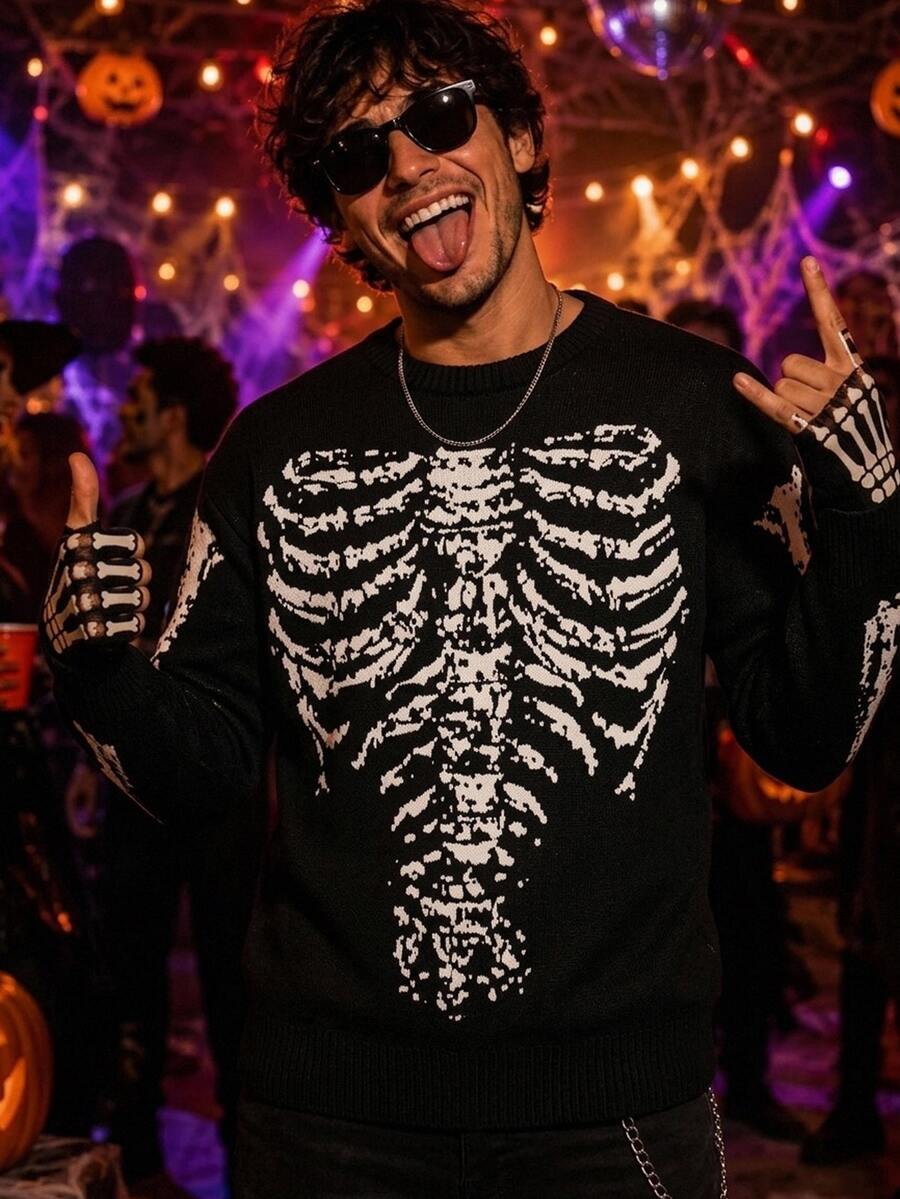Manfinity CasualKnits Sweater Lengan Panjang Kasual Serbaguna untuk Pria dengan Kerah Bulat, Motif Tengkorak Goth, Cocok untuk Pemakaian Sehari-hari - Hitam - View 1
