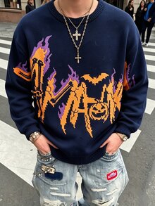 Manfinity CasualKnits Dishini Halloween Party Attire Costumes Men's Autumn/Winter Casual Letter Pattern Sweater Goth Skull Put It On And You'll Be The Brightest One! - Black - View 3