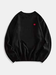 EASEVO Men Plus Size Heart Embroidery Drop Shoulder Oversize Sweater Halloween Winter Party Autumn - Black - View 2
