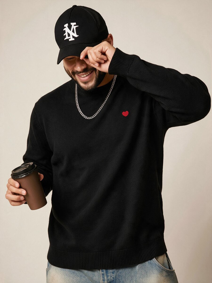 EASEVO Men Plus Size Heart Embroidery Drop Shoulder Oversize Sweater Halloween Winter Party Autumn - Black - View 1