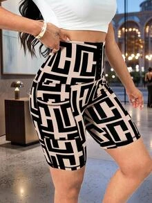SHEIN Lady 女款幾何印花腰部鈕扣設計休閒運動街頭風運動休閒短褲 健身運動 米色 夏季健身房運動 - 黑色 - 查看 3