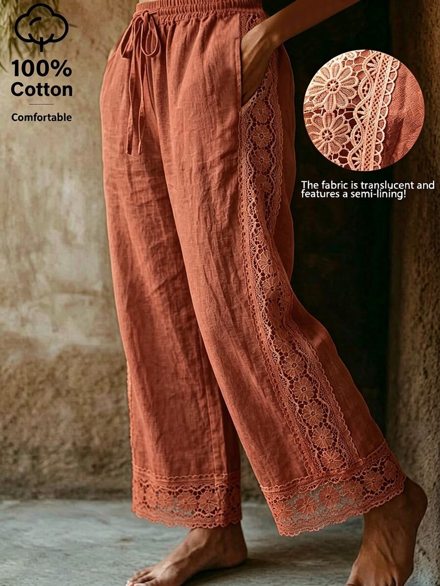 EMERY ROSE Women's Cotton Embroidered Pocket Casual Long Pants - Red Orange - View 1